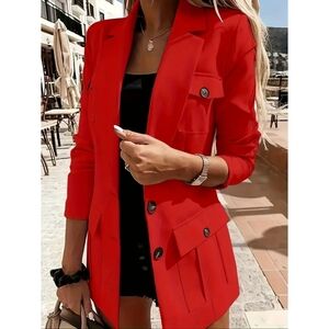 Utility Style Long Line Two Button Front Blazer Jacket - Red Sz XL